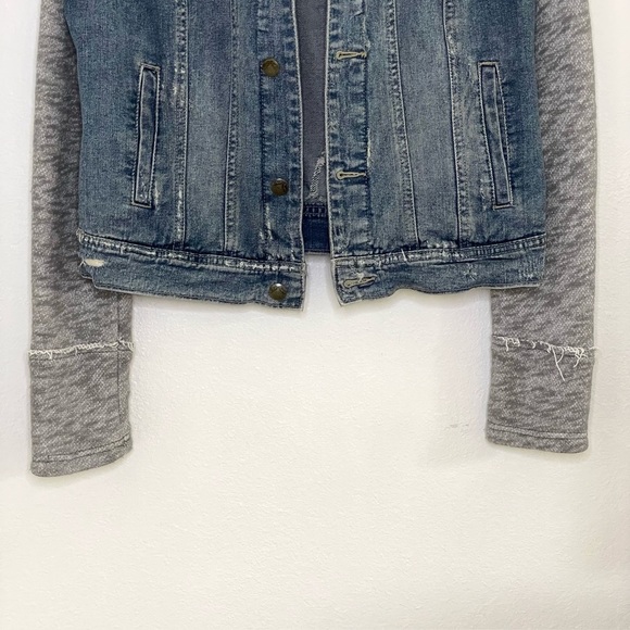 Free People Throwback Distressed Denim Knit Hooded Jacket Medium - Picture 7 of 16